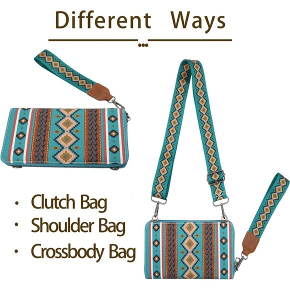 Water Blue Canvas Boho Western Wallet Wristlet with Detachable Straps, Credit Ca - Picture 5 of 6